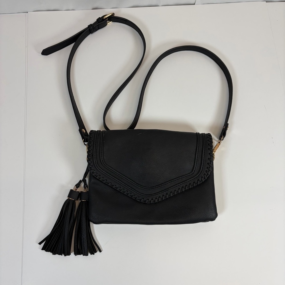 Black Faux Leather Crossbody Bag Tassel Detail Multi Compartment